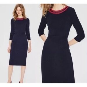 NEW Boden US 8L Navy Red Ribbon Trim Polperro Ottoman Ribbed Sheath Dress